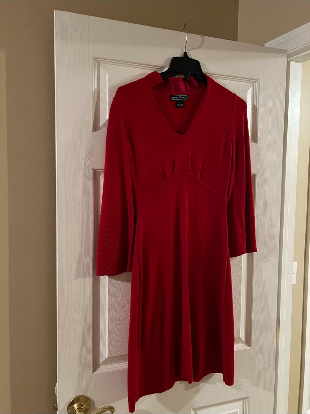 Jessica Howard Red V-Neck A-Line Dress with Ribbed Long Sleeves